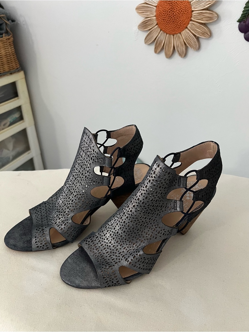 Vince Camuto shiny Blue Leather Perforated Cutout Peep-Toe Heeled Sandals